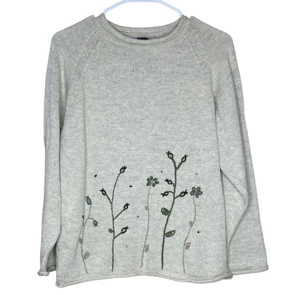 GH Bass & Co NWT VTG Women's XXL Oatmeal Floral Embroidered Sweater Cottagecore